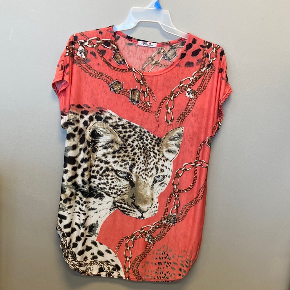 Rhinestone JeweledPink leopard and chains blouse. 2x